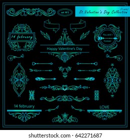 Vector set of Valentine day vintage elements for design. Ornamental frame, borders, monogram, corners, square, ribbon, arrows. Valentines day vignette. Ocean blue and black style
