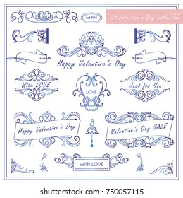 Vector set of Valentine day vintage elements for design. Ornamental frame, borders, monogram, corners, square, ribbon, arrows. Valentines day vignette. Blue watercolor nature style Set 4 from 9