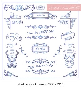 Vector set of Valentine day vintage elements for design. Ornamental frame, borders, monogram, corners, square, ribbon, arrows. Valentines day vignette. Blue watercolor nature style Set 9 from 9