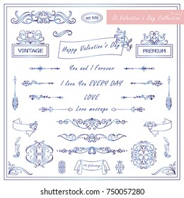 Vector set of Valentine day vintage elements for design. Ornamental frame, borders, monogram, corners, square, ribbon, arrows. Valentines day vignette. Blue watercolor nature style Set 8 from 9