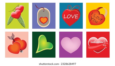 Vektorset von Valentindesigns, für die Liebe mit unterschiedlichen bunten Herzen und Hintergründen