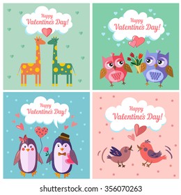 Vector set of Valentine greeting card with cute giraffe, owl, penguin and bird in flat art style.