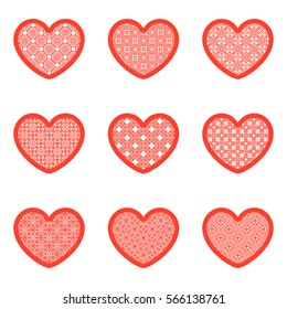 Vector set Valentine heart with geometric pattern. Laser Cutting template for greeting cards, envelopes, invitations, interior elements. Valentines day paper cutting ornamental panel. Die cut card.