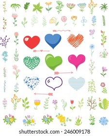 Vector set of valentine hearts and floral elements