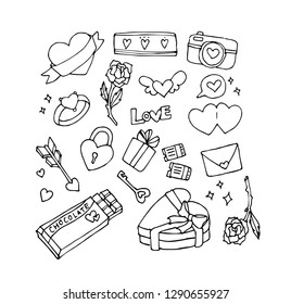 Vector Set of Valentine icons, hand draw style. Valentines day signs and love symbols
