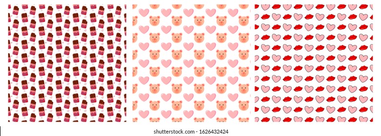 vector set of Valentines background with beautiful chocolates, teddy bear, heart, lips symbols.