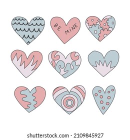 vector set of valentines in blue lo fi style.Vintage heart shapes with flowers and lettering.Love message sticker.Vintage postcards in the style of the 60s and 70s.Retro tattoo templates. Faded doodle