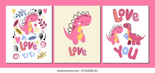 Vector conjunto de tarjetas de San Valentín con dinosaurio romántico. Linda colección de Dino Doodle rosa para el día de San Valentín. Conjunto de dibujos animados de animales prehistóricos simples dibujados a mano para estampados infantiles de niñas