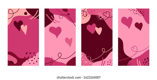 Vector set of Valentines Day abstract pink backgrounds with hearts and copy space for text. Banners, cards, wedding invitation, save the date cards, posters cover design templates social media stories