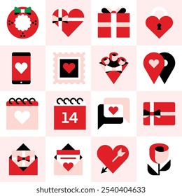 Vector set Valentine's Day Badges. Flat style icon illustration. Collection of bouquets, gift boxes, envelopes, hearts, phones, calendars, and heart arrows.