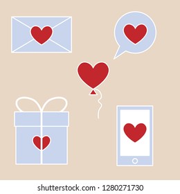 Vector set for Valentines day. Balloon, envelope, gift, phone and bubble spich