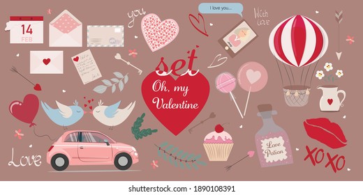 Vector set "Valentine's Day". In the set: a balloon, envelopes, a pink car, lollipops, birds in love, a bottle with an elixir of love, a calendar for February 14, a cake with cherries, a kiss, lips.