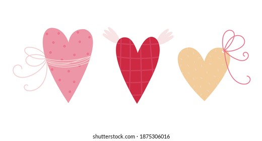 Vector set of Valentine's day cards in pink, red and beige colors. Heart shaped hearts with ribbon bow. Red heart with wing. Valentine's day vector illustration.