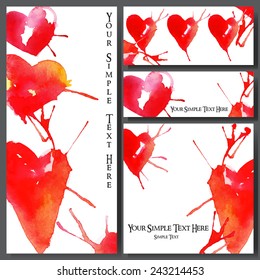 Vector set of Valentines day cards. Hand drawn watercolor hearts.