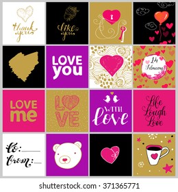 Vector set for Valentines day cards template. Set of love. Hand drawn elements and lettering quote for your design: love you, love me, with love, to, from. Posters or postcards.