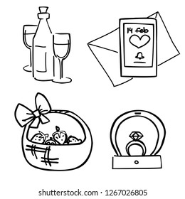 vector set of valentines day dating items. Engagement ring, champagne, letter and strawberries