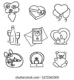 vector set of valentines day dating items. Engagement ring, champagne, letter, gift, candles, bouquet, balloons and toy bear for greetings cards, icon, stickers, logo, stamps and websites