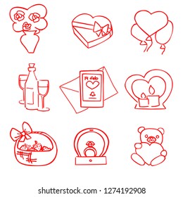 vector set of valentines day dating items. Engagement ring, champagne, letter, gift, candles, bouquet, balloons and toy bear for greetings cards, icon, stickers, logo, stamps and websites