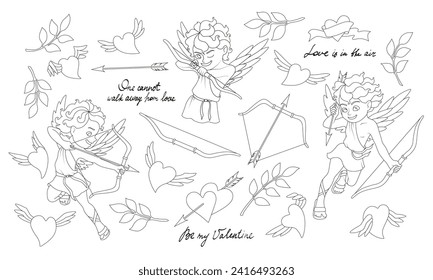 Vector set of Valentine's Day design elements. Linear illustrations of Cupid character, bow, love arrow, flying hearts, green leaves, calligraphy quotes for greeting card, party invitation, gift tags