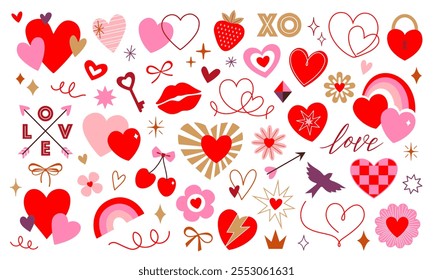 Vector set of Valentine's day design elements in red, pink and gold colors isolated on white background.