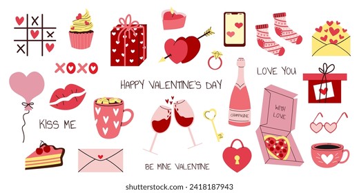 Vector listo para el Día de San Valentín. Diferentes objetos románticos. Elementos del Día de San Valentín con estilo dibujado a mano. Corazón, champán, gafas, pizza, tazas, anillo, sobre. Fondo blanco aislado. 