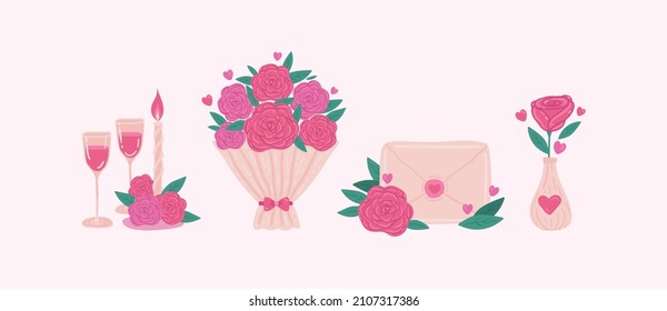 vector set for valentine's day. drawings of a bouquet, candles and a love letter. romantic hand drawn stickers.