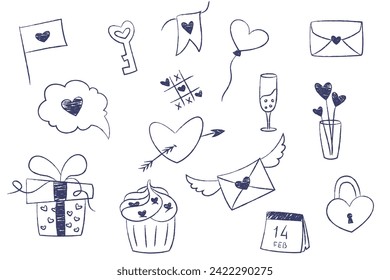Vector Set of Valentine's day elements. Crayon, chalk handmade style. Design for Valentines day stickers, postcards, posters and other