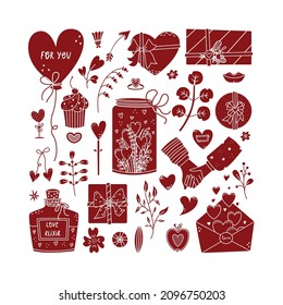 Vector ambientado para el Día de San Valentín con flores, plantas, regalos al estilo simple