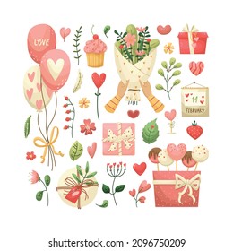 Vector set for Valentine's Day with flowers, plants, gifts in the flat style
