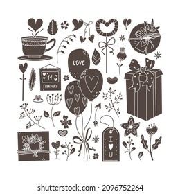 Vector set for Valentine's Day with flowers, plants, gifts in the simple style