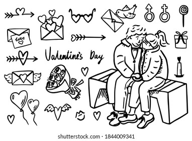 Vector set for Valentine's day. A girl and a guy are sitting on a bench. Love. Hearts, arrows of love, the sign of Venus and Mars, a Bouquet of flowers. Hand drawing