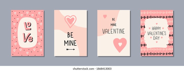 Conjunto de vectores de tarjetas de felicitación de San Valentín con letras dibujadas a mano y formas abstractas en colores pastel. Diseño moderno 