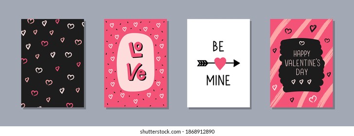 Vector set of Valentine's day greeting cards with hand drawn lettering and textured brush strokes  in bright colors. Modern design
