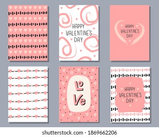  Vector set of Valentine's day greeting cards with hand drawn lettering and textured brush strokes shapes in pastel colors. Modern design