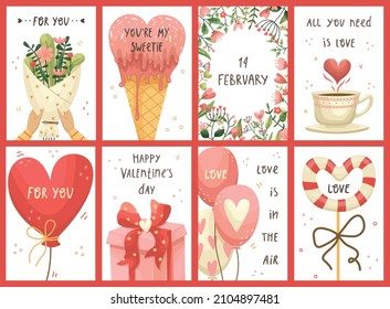 Juego de vectores de tarjetas de felicitación de San Valentín. Estilo plano