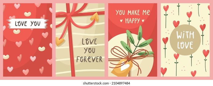 Vector set of Valentines day greeting cards. Flat style