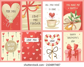 Vector set of Valentines day greeting cards. Flat style