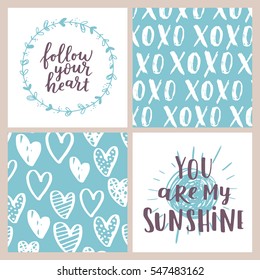 Vector set of Valentines Day greeting poster. Cute blue-white colors for your invitation design. Card collection with hand drawn elements and romantic brush lettering.