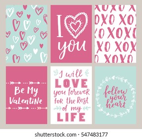 Vector set of Valentines Day greeting poster. Cute blue-rose colors for your invitation design. Card collection with hand drawn elements and romantic brush lettering.