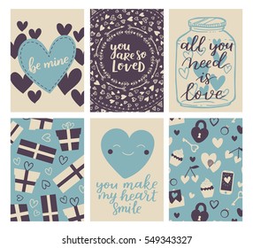 Vector set of Valentines Day greeting poster. Cute blue-beige colors for your invitation design. Card collection with hand drawn elements and romantic brush lettering.
