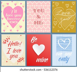 Vector set of Valentine's day greetings card templates. Collection with six different simple labels, postcard, placard, tags etc. for your design and invitations.