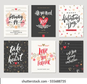 Vector set of Valentine's Day hand drawn posters or greeting card with handwritten calligraphy quotes, phrase and illustrations.