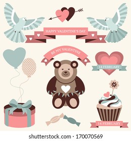 Vector set of valentines day illustrations and banners in retro colors.