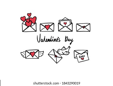 Vector set of Valentine's day Illustrations. Letters with hearts. Emails are open and closed. Hand drawing. A letter with wings. The letter is held by a bird