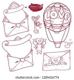 Vector set Valentine's day items for for the design of gift cards, posts. Hand drawn illustration variants of the message in the envelope, love letter, balloon, key, wax seal.