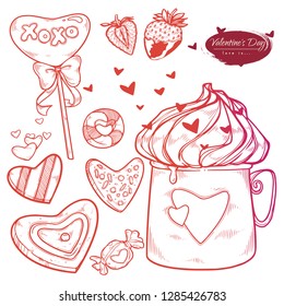 Vector set Valentine's day items for for the design of gift cards, posts. Hand drawn illustration sweets, cookies, strawberries, a cup of hot chocolate, hearts. 