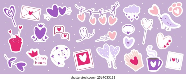 Vector set Valentines day, love season stickers with heart balloons, bird with flower, cat paw, holding hands, cup, garland, sparkler, chat bubble, cloud, asteroid, letter, photo card, crown, lollypop