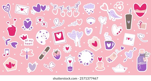 Vector set Valentines day, love season stickers with heart shape elements. Various icons such as hearts, stars, speech bubbles, arrows, crowns, flowers, balloons, birds, garland, cups, cat paw, hands.