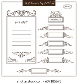 Vector set of valentines day paper notes, cards, page for love letter or message. Calligraphic illustration in vintage style. Lined page. Rectangle little banner or divider. Classic design