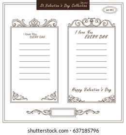 Vector set of valentines day paper notes, cards, page for love letter or message. Calligraphic illustration in vintage style. Lined page. Rectangle little banner or divider. Classic design